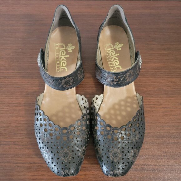 Rieker Antistress Mirjam 53 Women Black Leather Floral Chunky Heels Shoes 40 8.5 - Picture 2 of 9